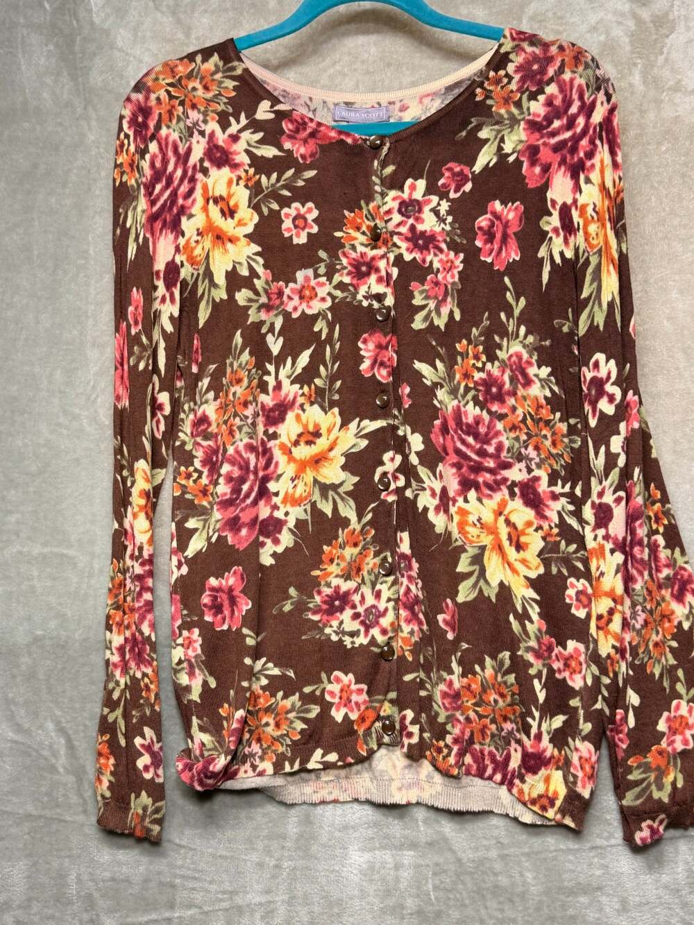 Laura Scott Brown Floral Button Front Cardigan Sweater Large NWT